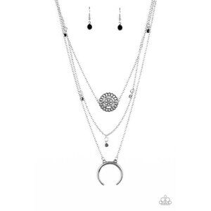 Paparazzi Lunar Lotus Black Crystal Layered Stacked Half Moon Necklace Earrings